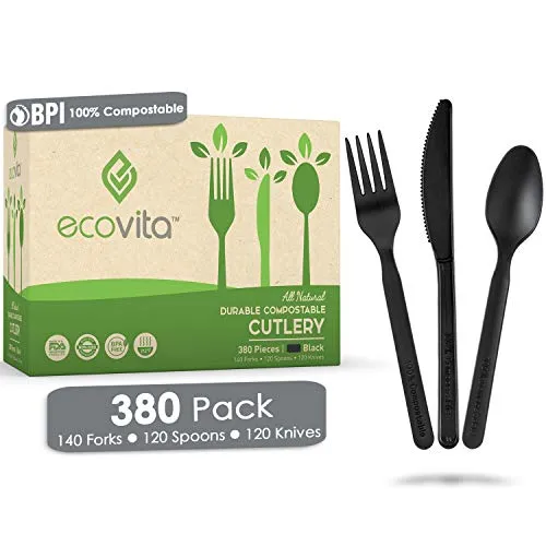 100% Compostable Forks Spoons Knives Cutlery Combo Set - 380 Large Disposable Utensils (7 in.) Eco Friendly