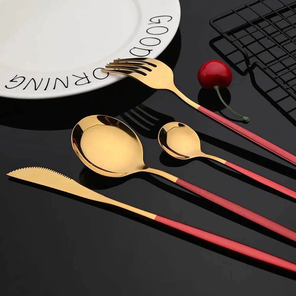 24Pcs Colorful Dinnerware Set Stainless Steel Cutlery Kitchen Mirror Gold Tableware Dinner