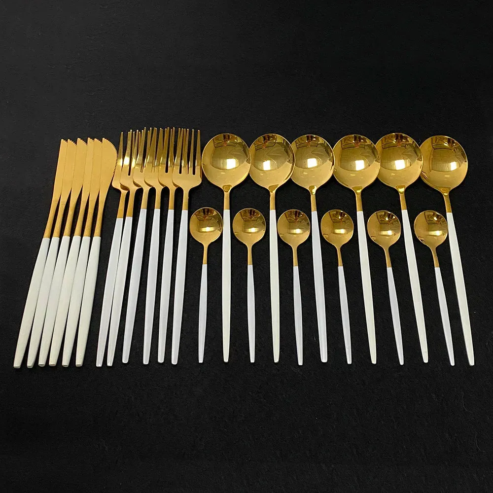 24Pcs Colorful Dinnerware Set Stainless Steel Cutlery Kitchen Mirror Gold Tableware Dinner