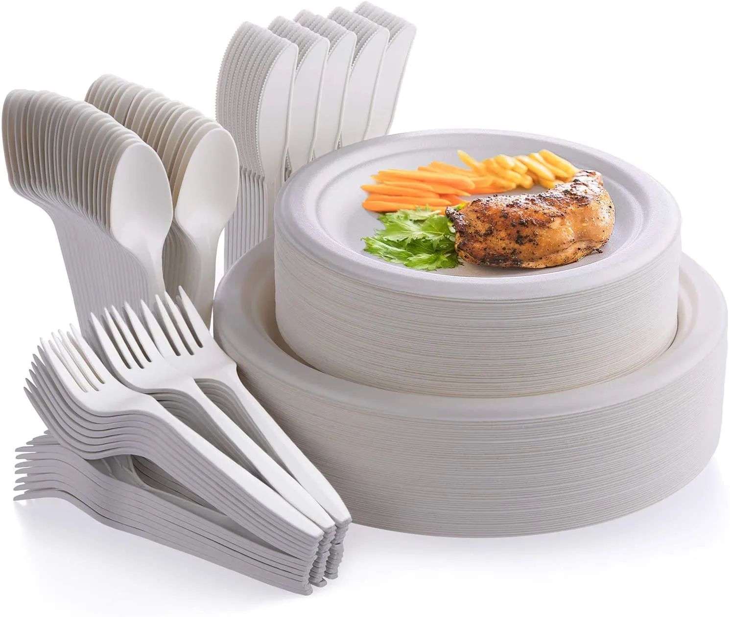 250 Pcs Disposable Dinnerware Set, Compostable Sugarcane Cutlery Eco-Friendly