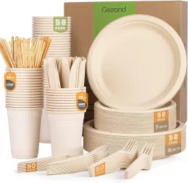 350 Pcs Compostable Paper Plates Set, Eco-friendly Heavy-duty Disposable Cutlery, Biodegradable Forks, Knives, Spoons, Cups and Straws