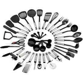 39-Piece Stainless Steel and Nylon Cooking Utensil Set - Black/Silver