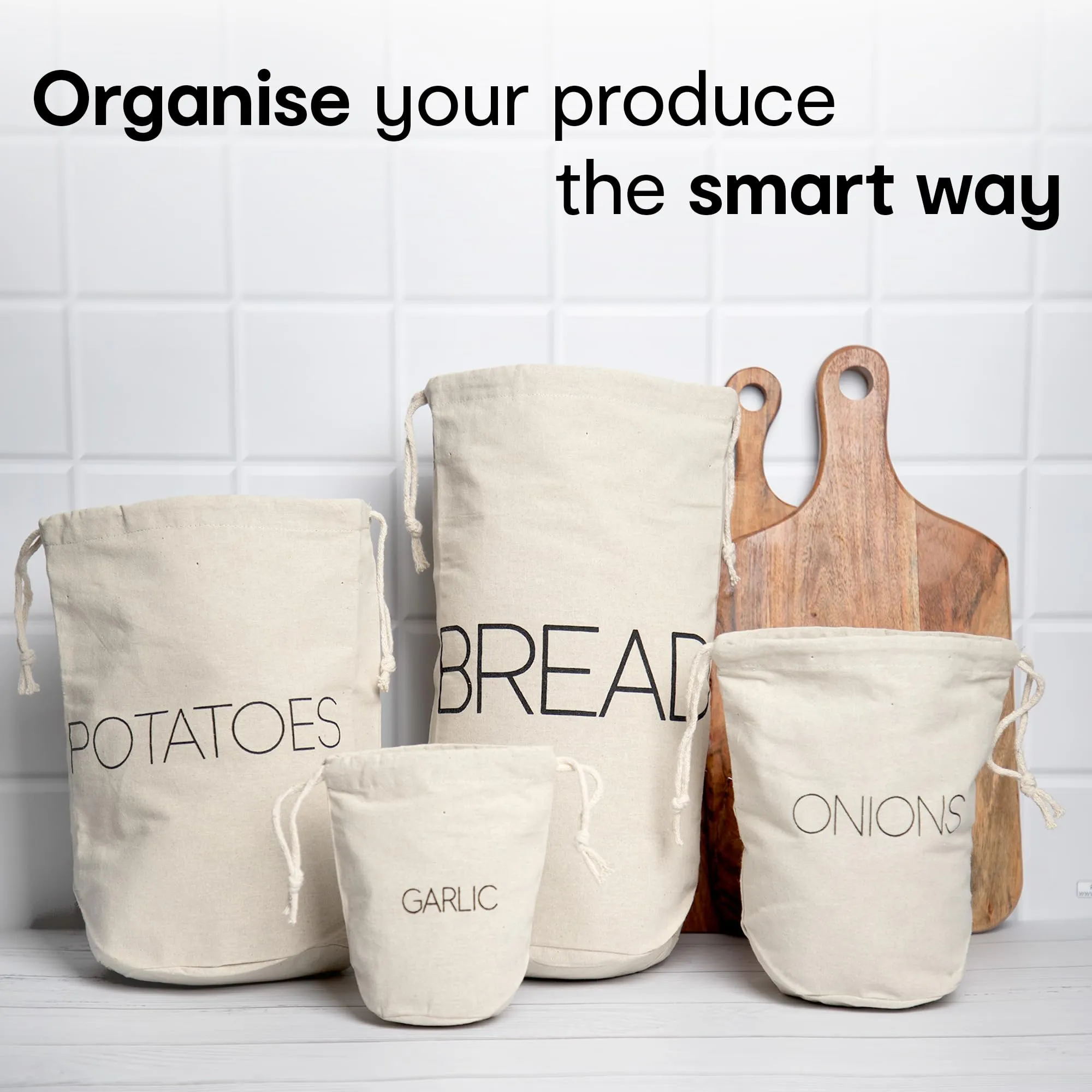 Anko Reusable Cotton Vegetable Bags - Set of 4 | Washable & Reusable Storage Organizer container bags for Home, Cabinet, Fridge | Washable Kitchen Accessory | String Pouch for produce | 4 sizes