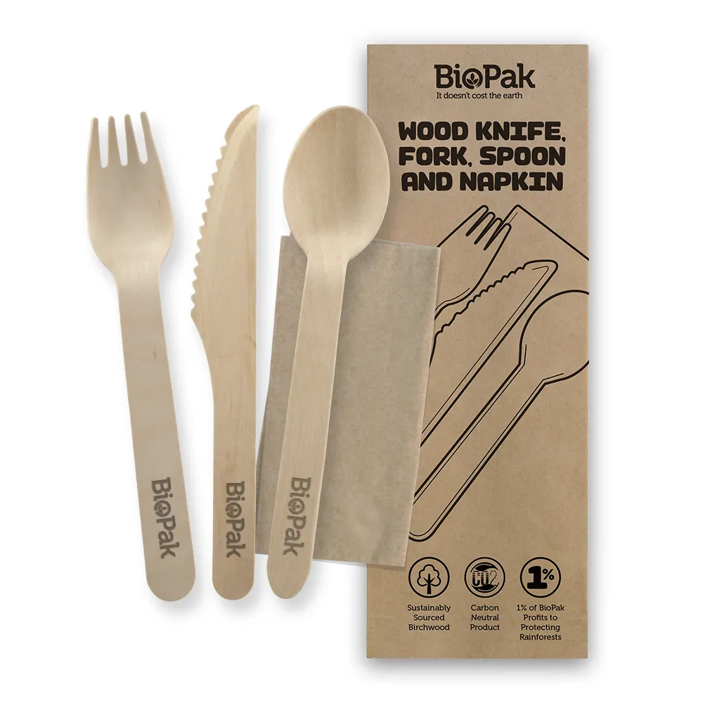 Biopak 16cm Coated Wood Knife, Fork, Spoon & Napkin Set 280pcs