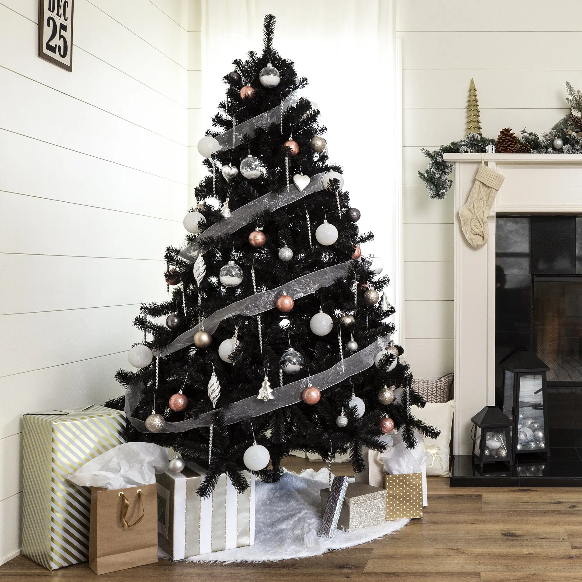 Black Artificial Christmas Tree w/ Easy Assembly, Foldable Metal Stand