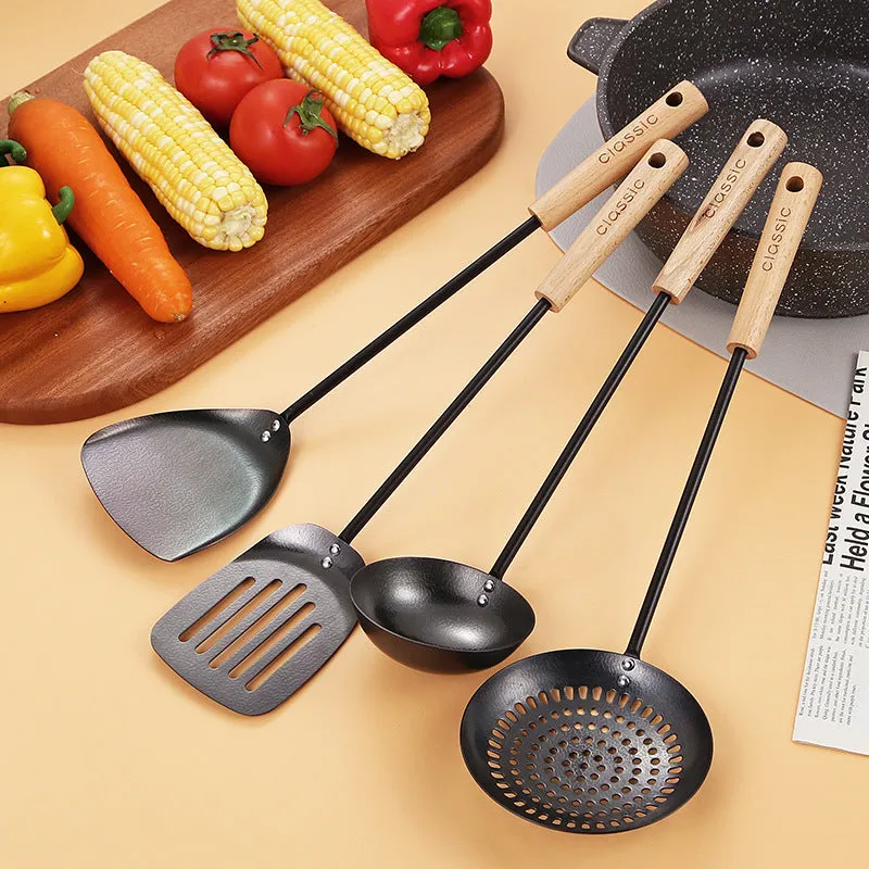 Black Pig Iron Spatula And Soup Spoon Household Non-stick Pan Long Handle Cooking Chef Shovel Colander Beech Handle Classical Kitchenware Set