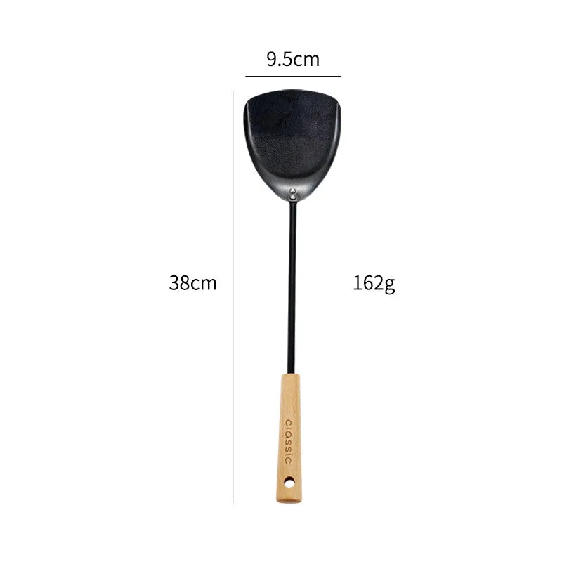 Black Pig Iron Spatula And Soup Spoon Household Non-stick Pan Long Handle Cooking Chef Shovel Colander Beech Handle Classical Kitchenware Set