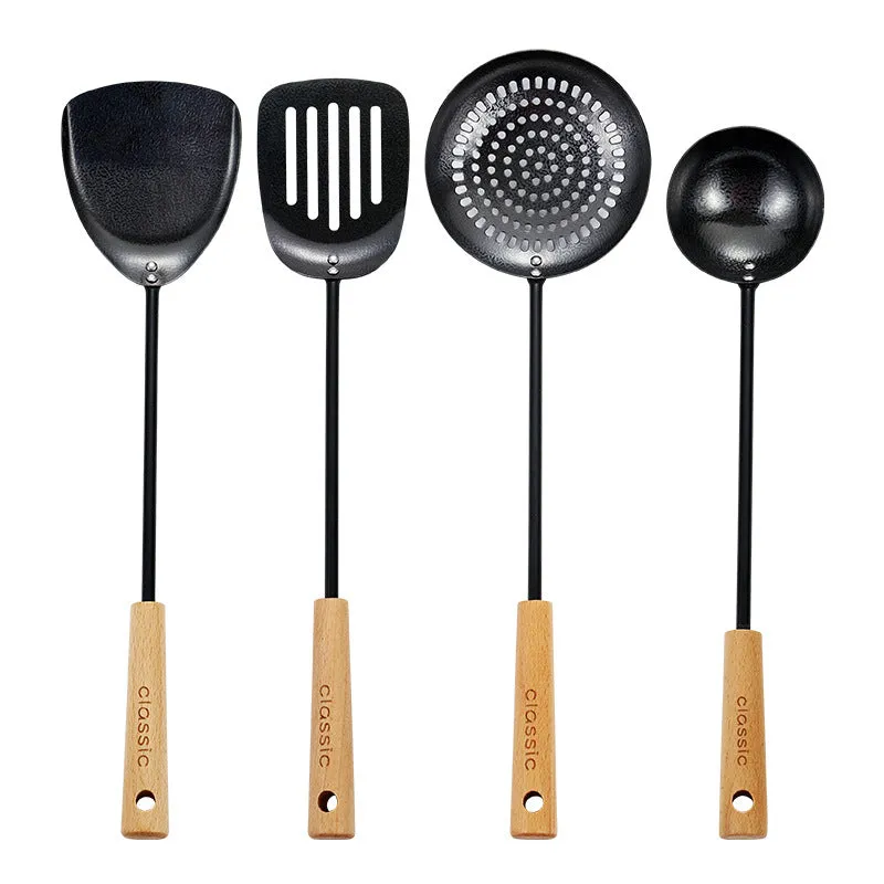 Black Pig Iron Spatula And Soup Spoon Household Non-stick Pan Long Handle Cooking Chef Shovel Colander Beech Handle Classical Kitchenware Set