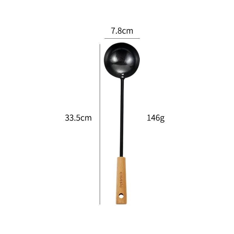 Black Pig Iron Spatula And Soup Spoon Household Non-stick Pan Long Handle Cooking Chef Shovel Colander Beech Handle Classical Kitchenware Set