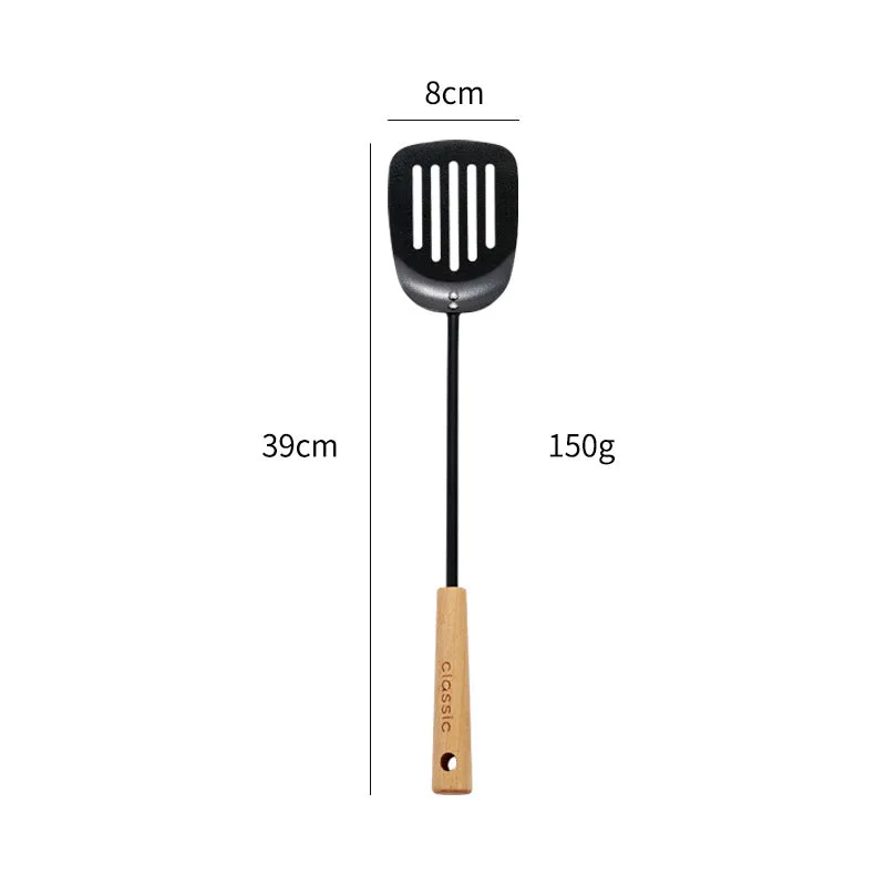 Black Pig Iron Spatula And Soup Spoon Household Non-stick Pan Long Handle Cooking Chef Shovel Colander Beech Handle Classical Kitchenware Set