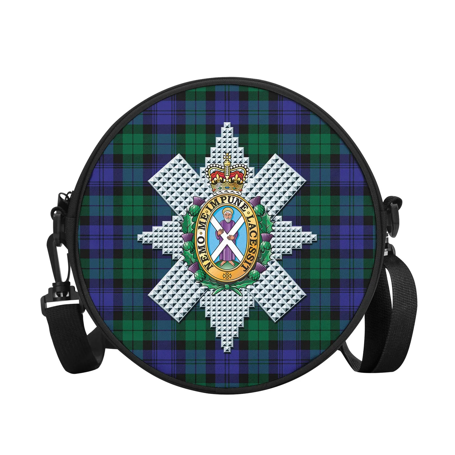 Black Watch Modern Tartan Round Satchel Bags with Family Crest