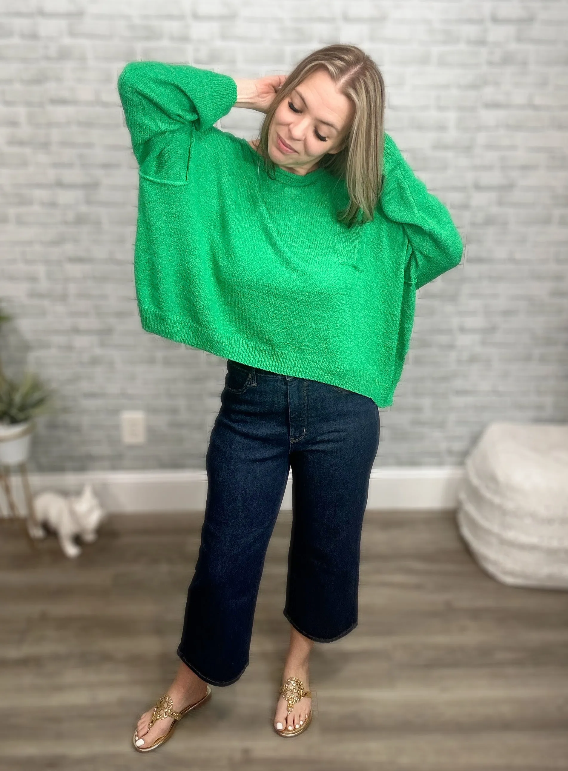 Bright Green Lightweight Wide Neck Sweater