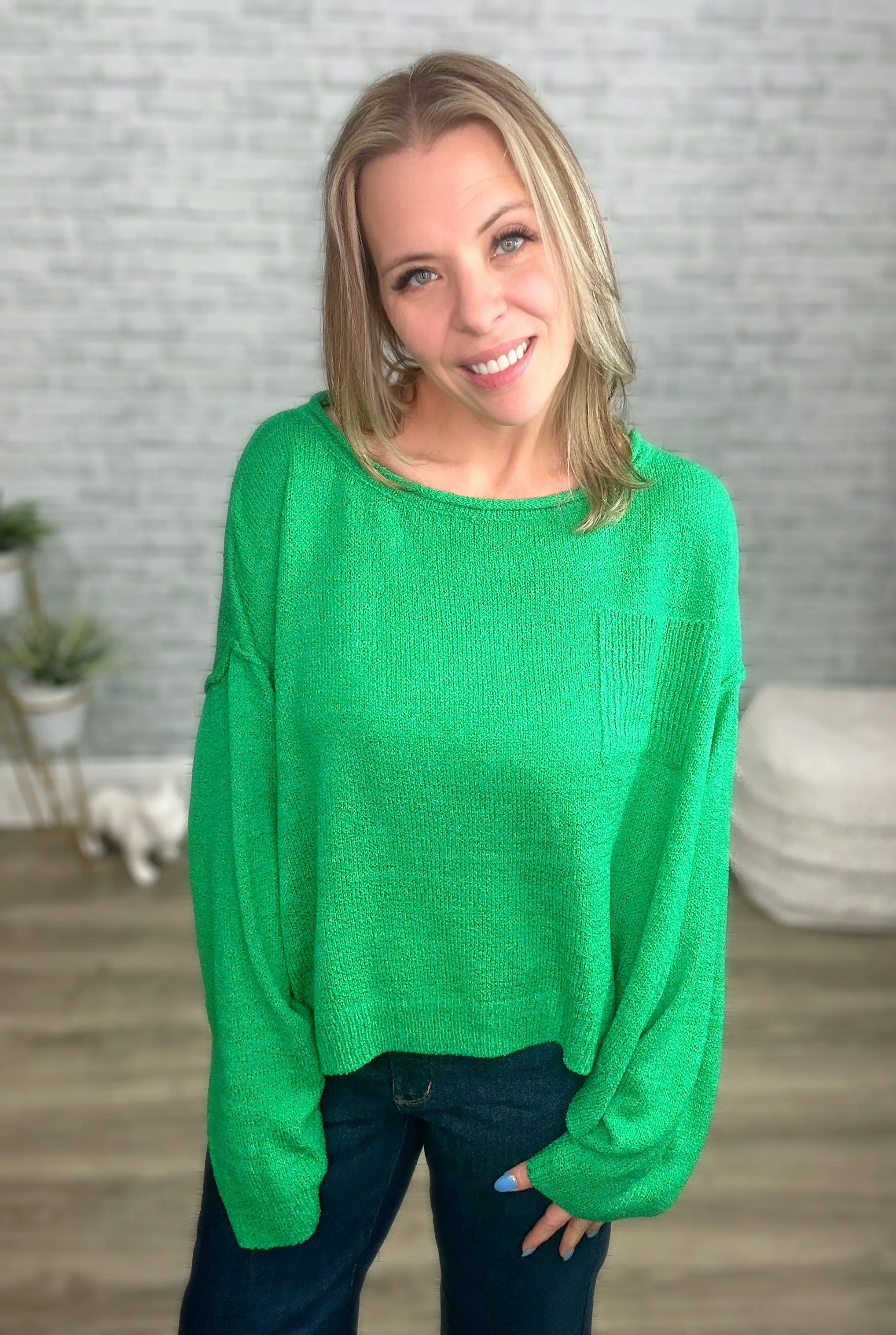 Bright Green Lightweight Wide Neck Sweater