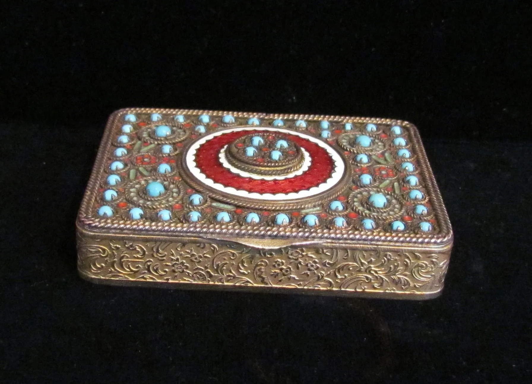 Circa 1890 French Gold Ormolu Compact Red Guilloche Enamel Turquoise Stones