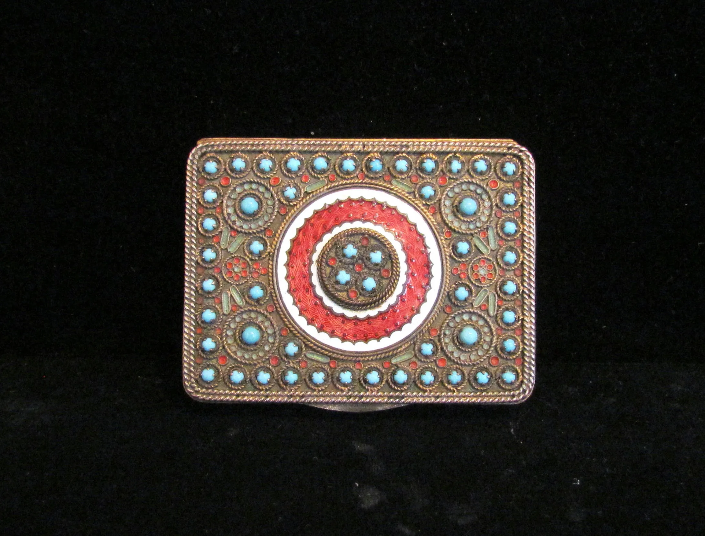 Circa 1890 French Gold Ormolu Compact Red Guilloche Enamel Turquoise Stones