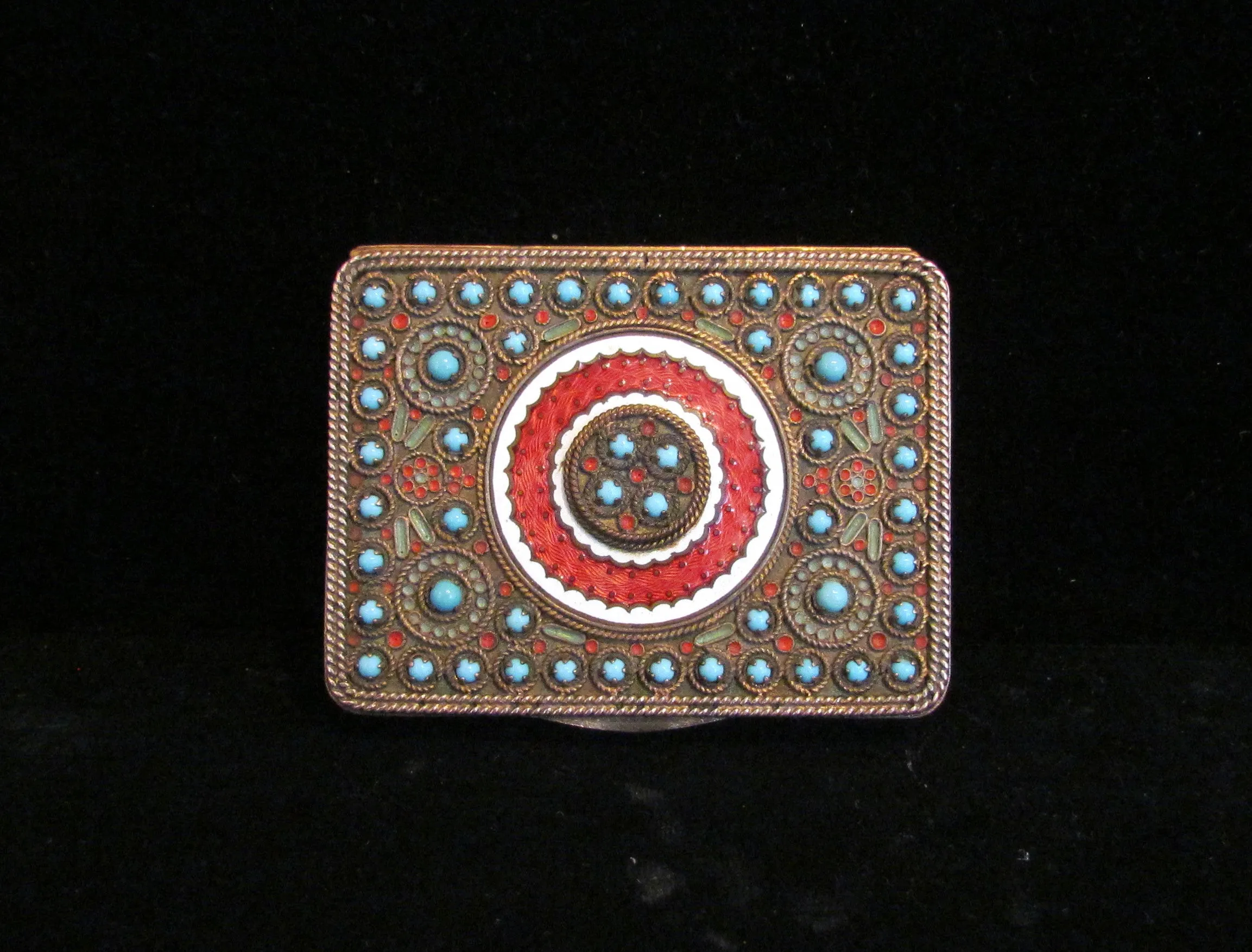 Circa 1890 French Gold Ormolu Compact Red Guilloche Enamel Turquoise Stones