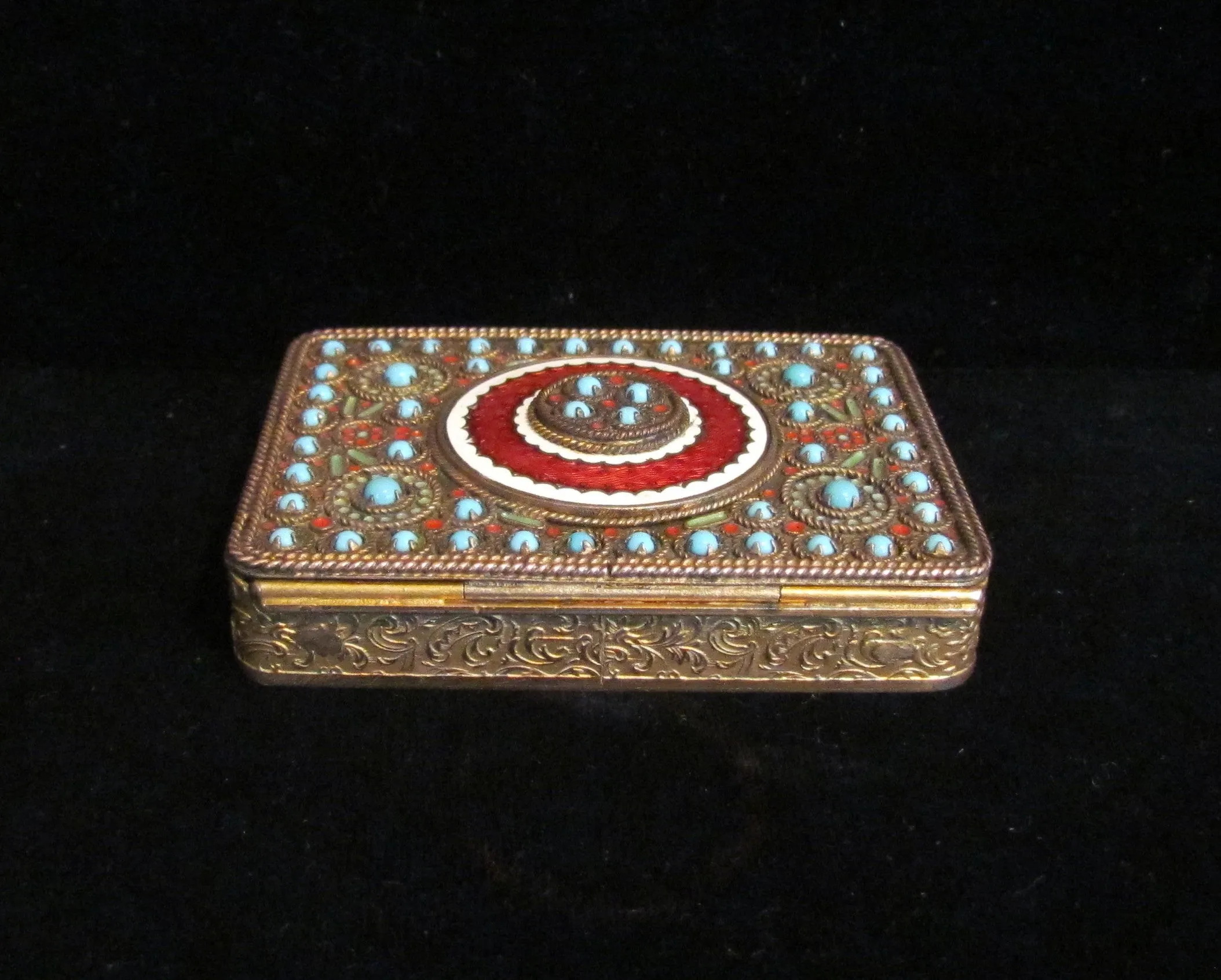 Circa 1890 French Gold Ormolu Compact Red Guilloche Enamel Turquoise Stones