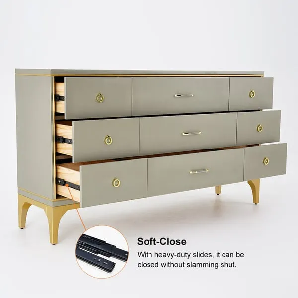 Contemporary 9-Drawer Champagne Bedroom Dresser for Storage in Gold