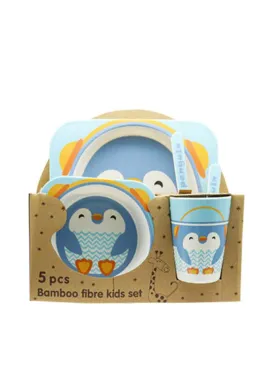 Eco-Friendly Bamboo Fiber 5pcs Kids Cutlery Set  - Creative Cartoon Dinnerware Set for Kids - Perfect Baby Feeding Solution, Penguin