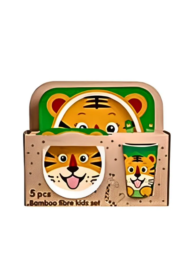 Eco-Friendly Bamboo Fiber 5pcs Kids Cutlery Set  - Creative Cartoon Dinnerware Set for Kids - Perfect Baby Feeding Solution, Tiger