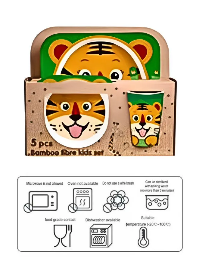 Eco-Friendly Bamboo Fiber 5pcs Kids Cutlery Set  - Creative Cartoon Dinnerware Set for Kids - Perfect Baby Feeding Solution, Tiger