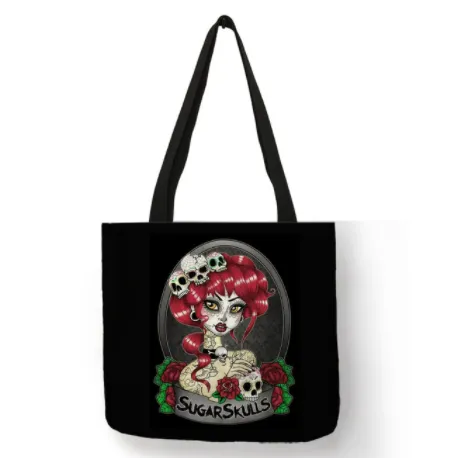 Eco Linen Crane Skull Tattoo Art Tote Shopping/Storage Bag