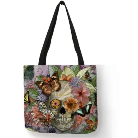 Eco Linen Crane Skull Tattoo Art Tote Shopping/Storage Bag