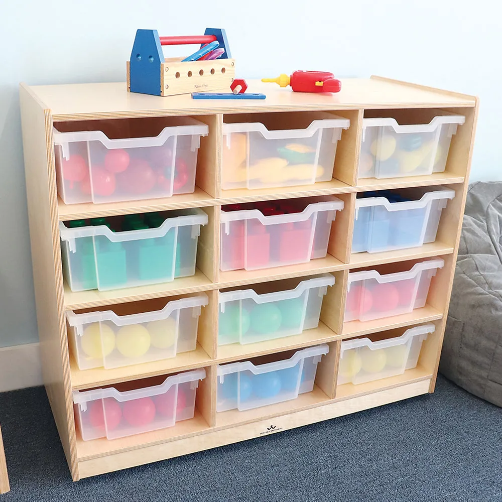 Extra Deep Mobile Birch Tote Storage Unit with 12 Clear Trays