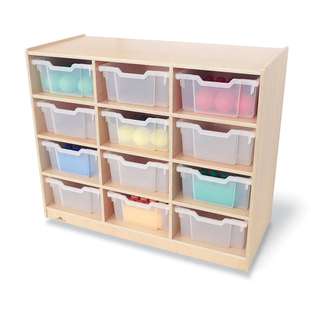 Extra Deep Mobile Birch Tote Storage Unit with 12 Clear Trays