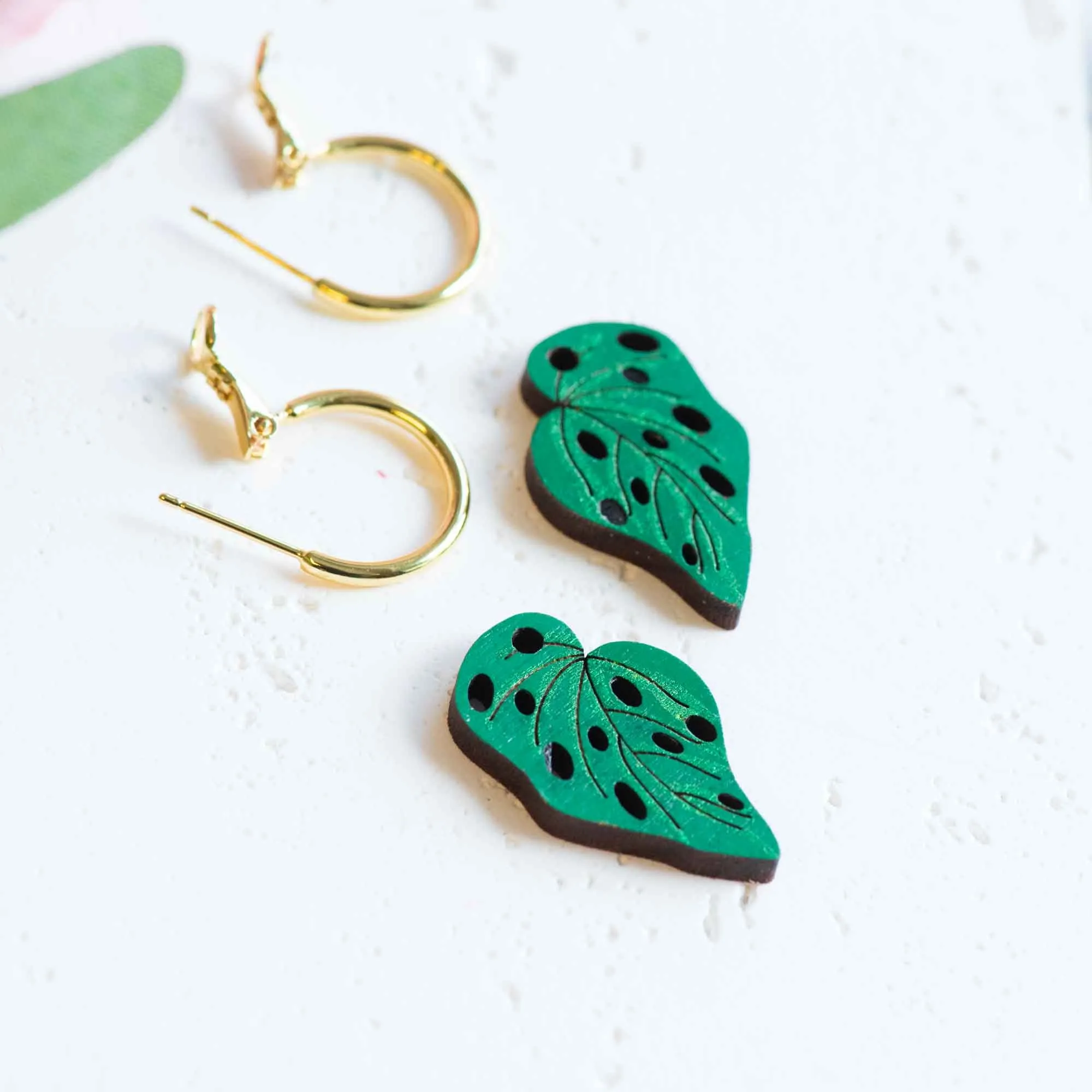 Hand-Painted Monstera Hoop Earrings - PEO14160H