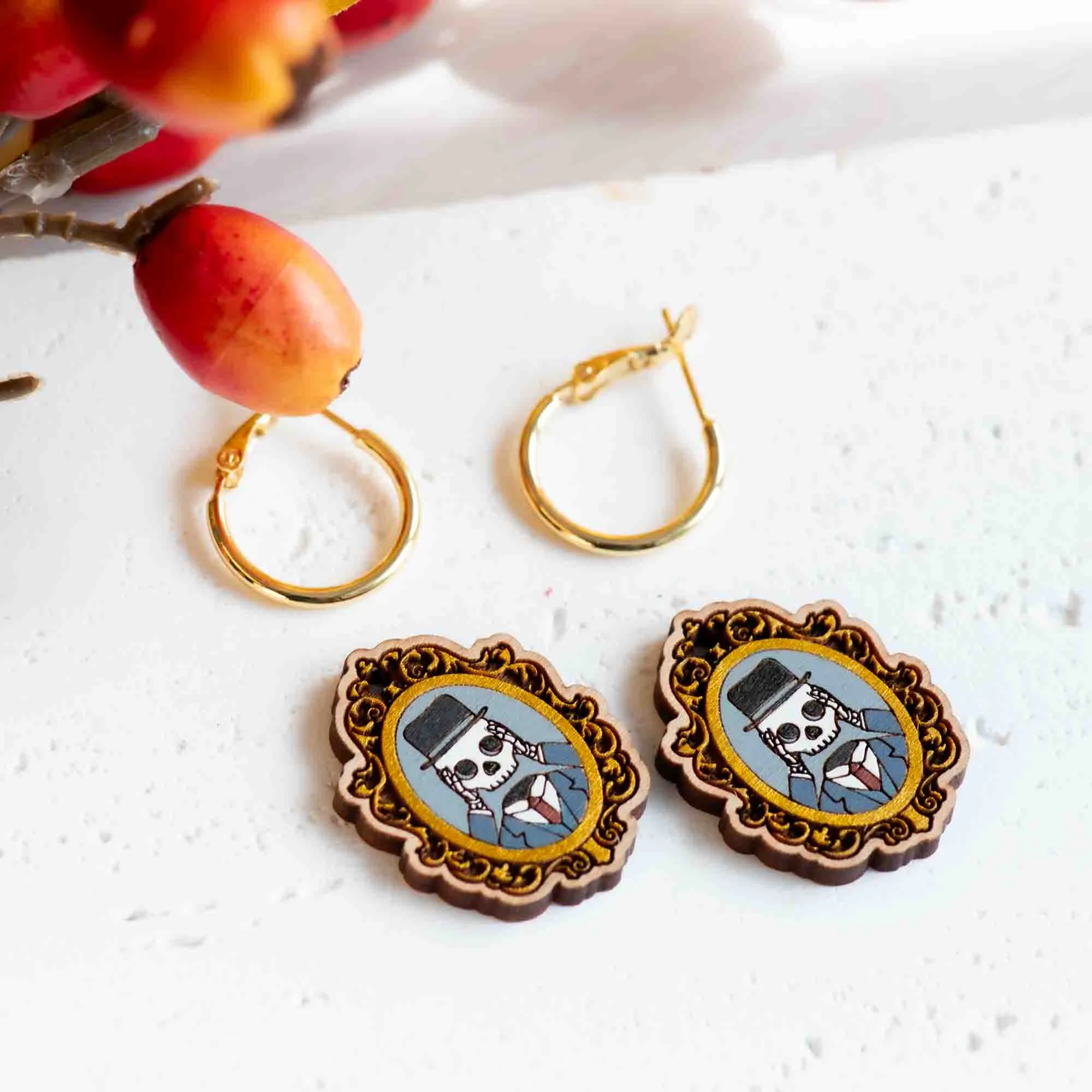 Hand-Painted Oval Skeleton Hoop Earrings - PET15286H