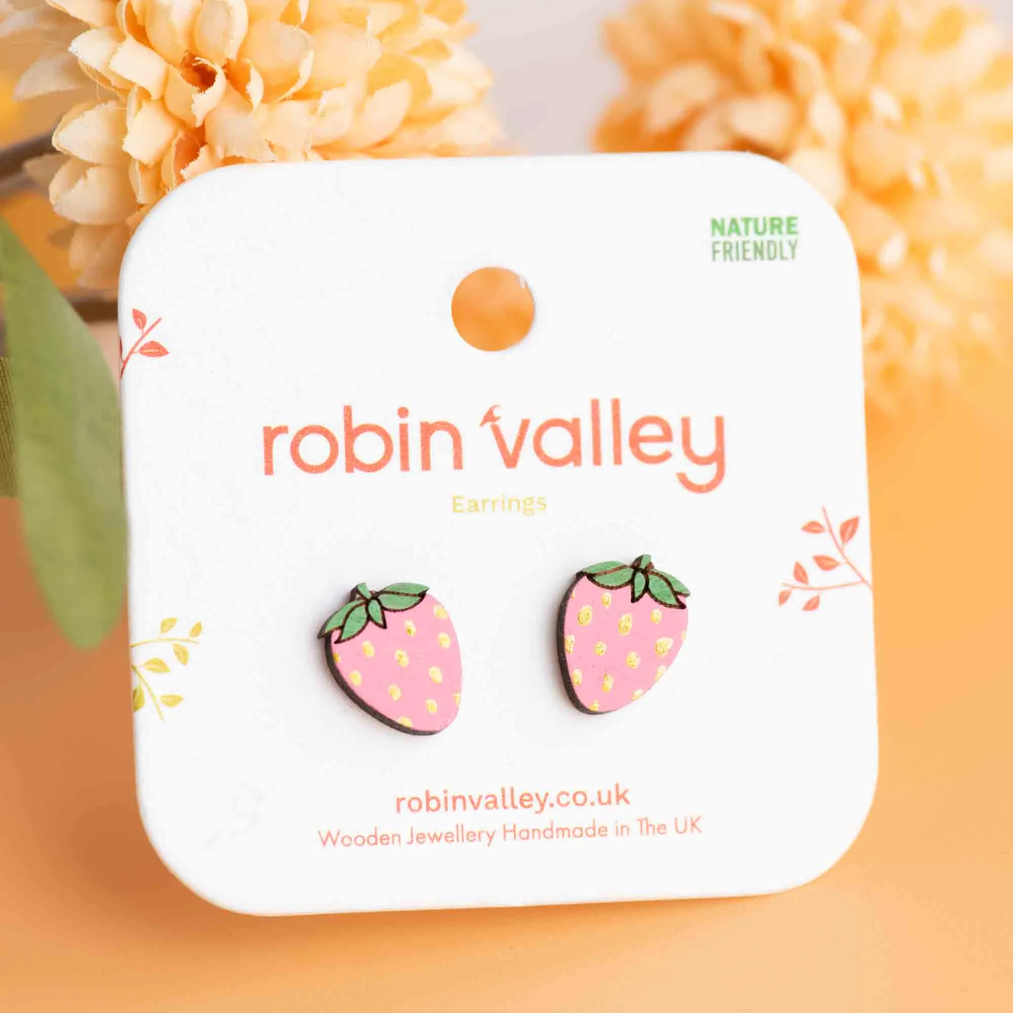 Hand-Painted Pink Strawberry Wooden Earrings - PET15263