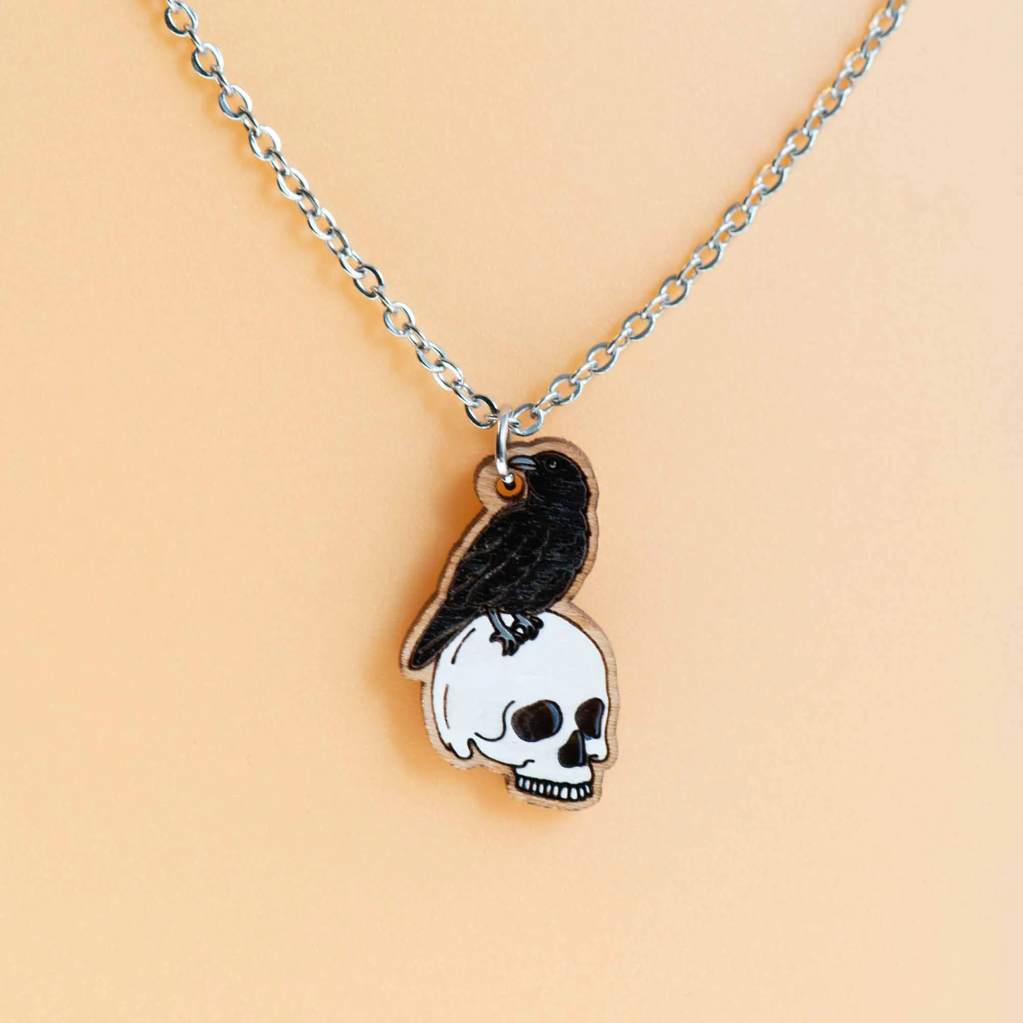 Hand Painted Raven Skull Wooden Necklace - NT65282