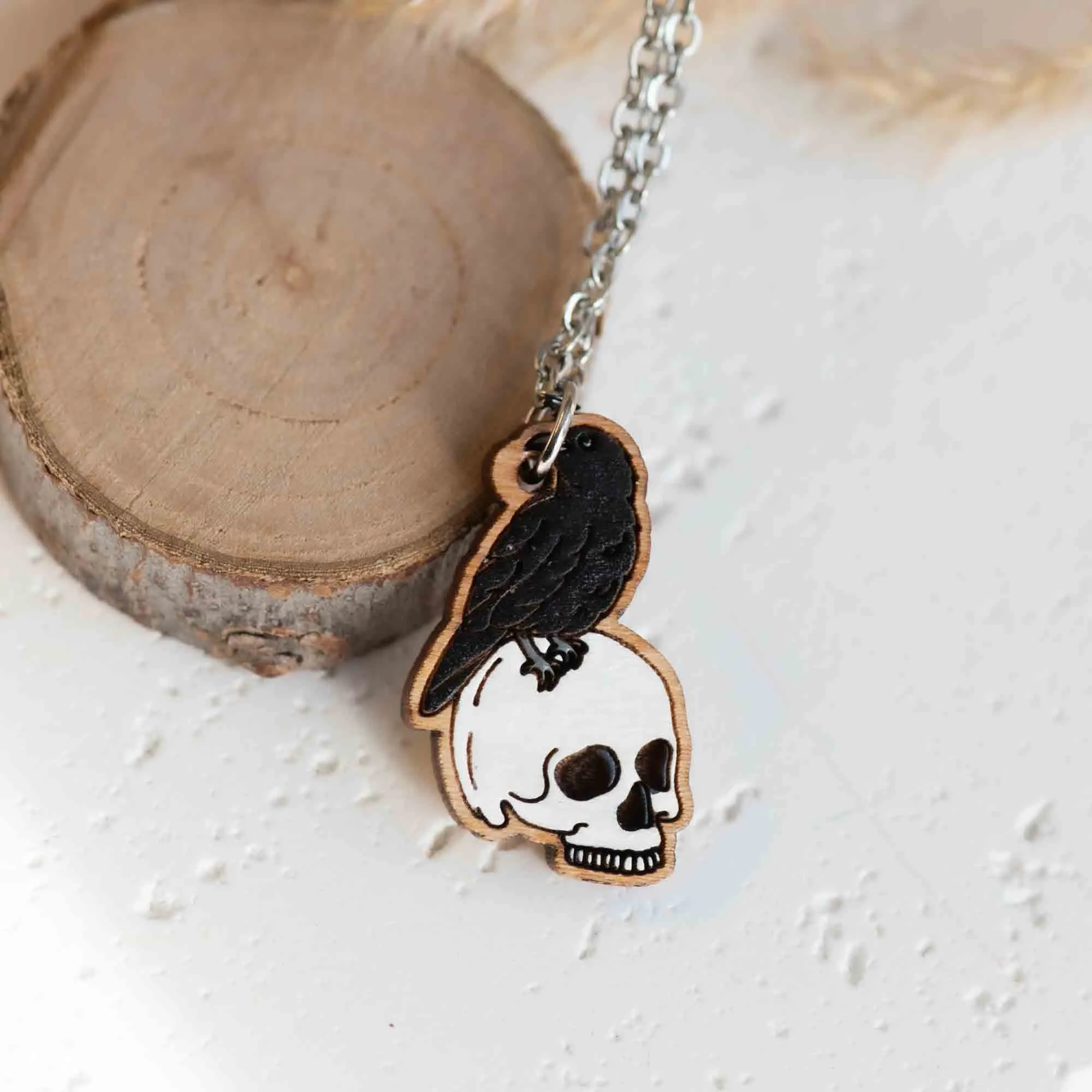 Hand Painted Raven Skull Wooden Necklace - NT65282