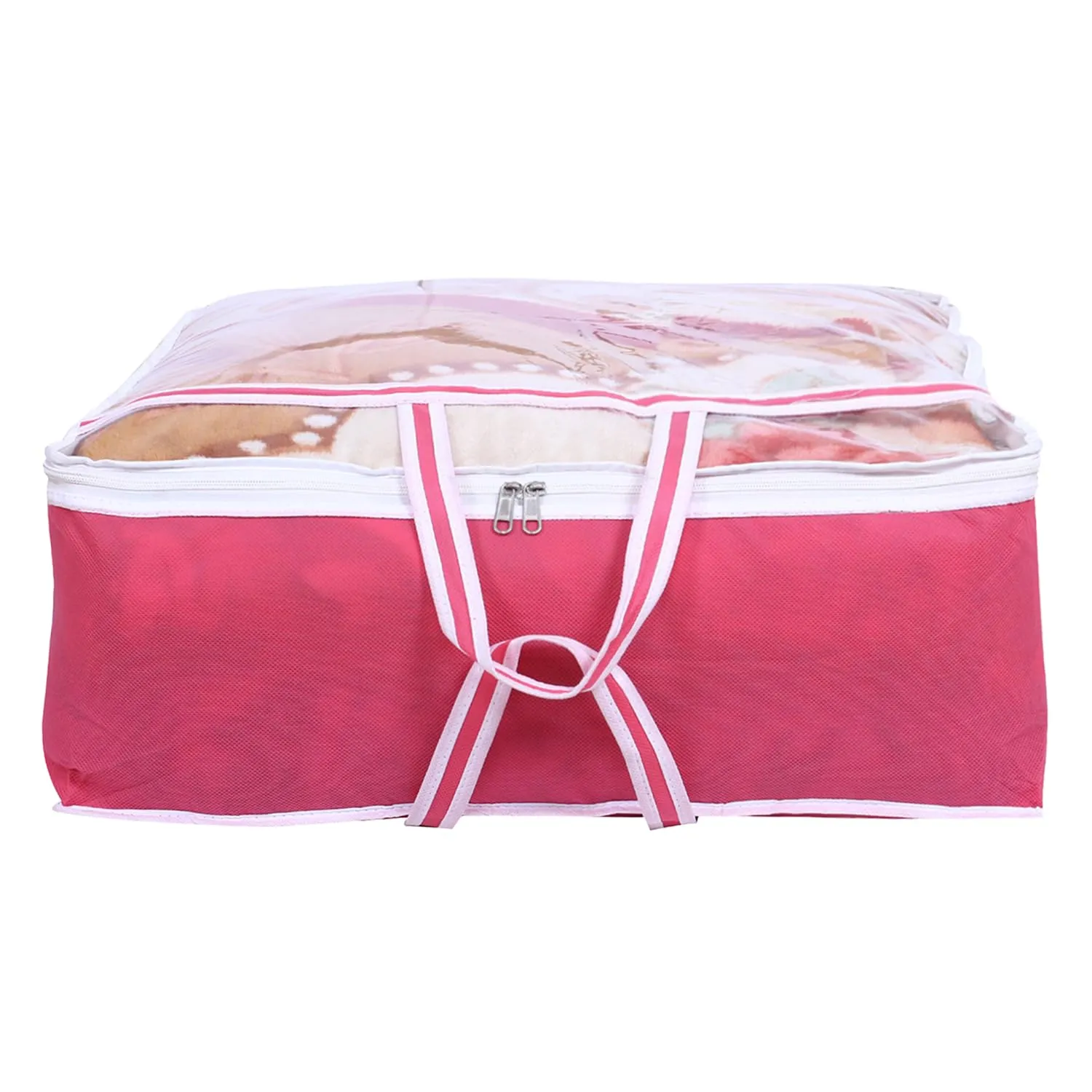 Heart Home Blanket Cover | Non-Woven Blanket Cover for Saree | Zipper Storage Bag for Clothes | Wardrobe Organizer with Top Transparent Window | Extra Large | Pack of 4 | Pink