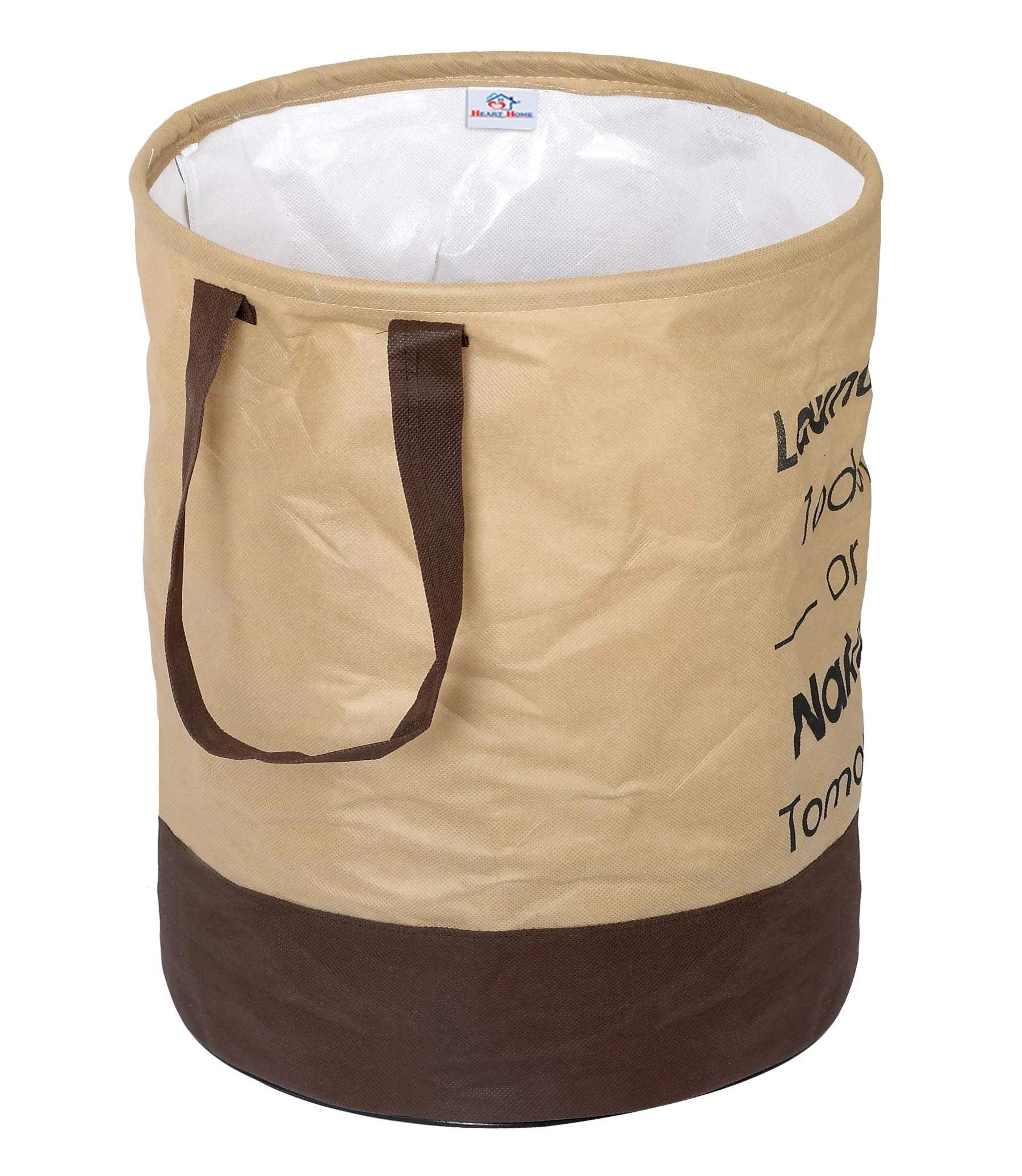 Heart Home Round Non Woven Fabric Foldable Laundry Basket|Toy Storage Basket|Cloth Storage Basket With Handles,45 Ltr (Beige & Brown)-HEARTXY11450