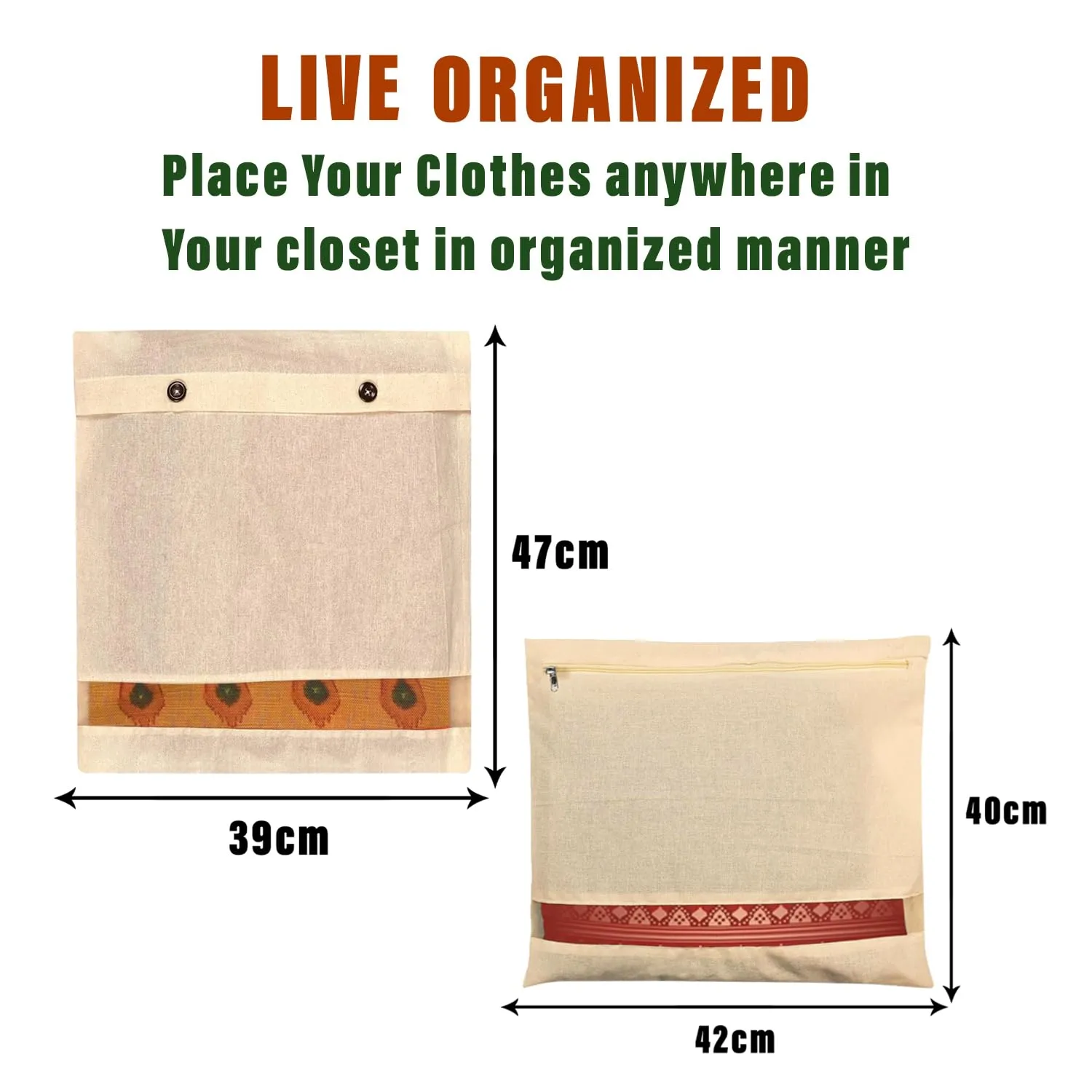 Heart Home Saree Bags Combo Set | Cotton Wardrobe Organizer | Clothes Bags for Storage | Mesh Window Saree Bags Set | Single Packing Saree Cover | Pack of 10 | Cream