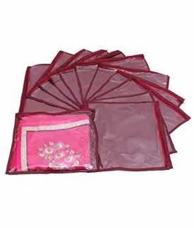 Kuber Industries Foldable saree covers with Zip| Single Saree Storage Bags |Clothes Organiser for wardrobe |Transparent Top With Premium Zipper|Pack of 12 (Maroon)