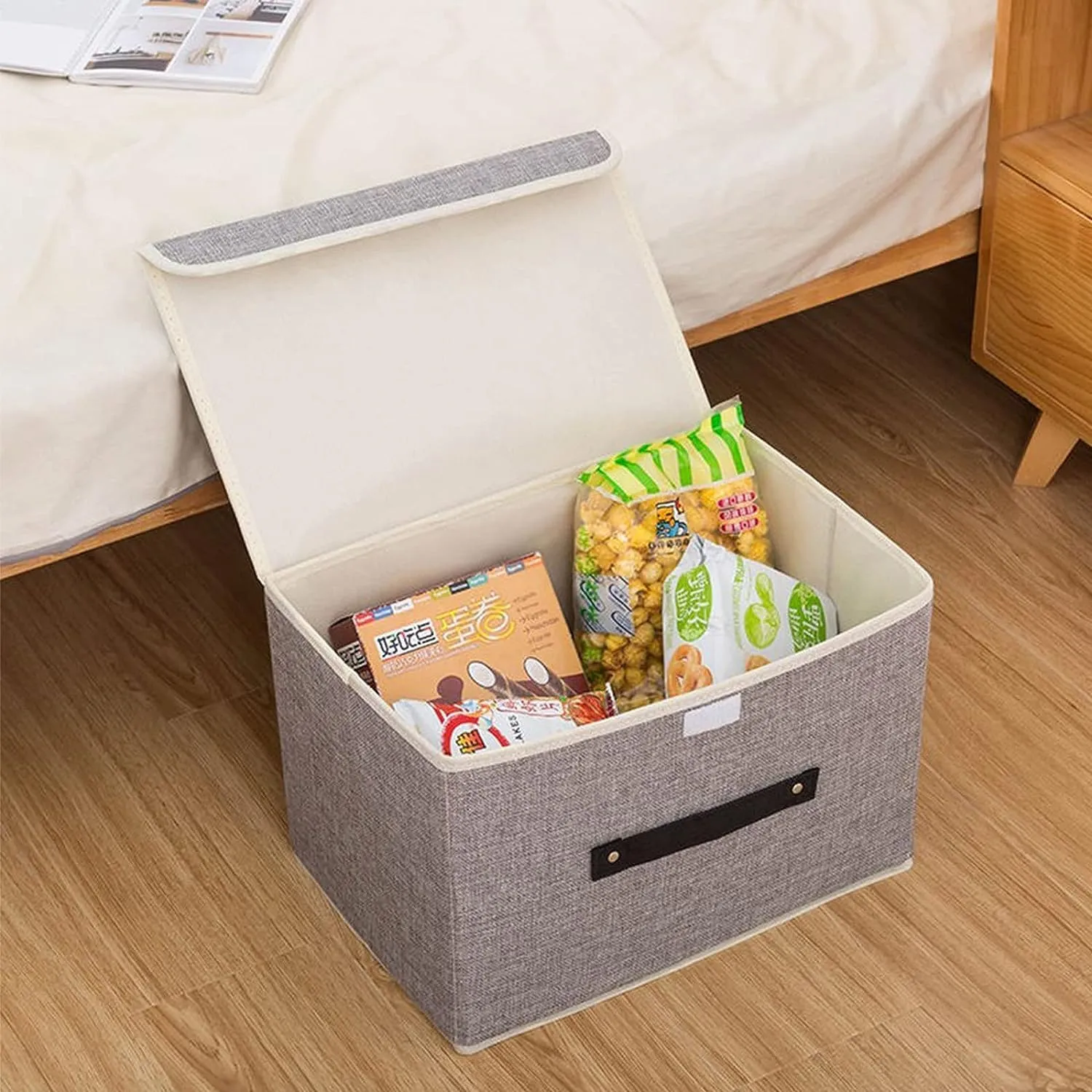 Kuber Industries Large Storage Box With Lid|Foldable Toys Storage Bin|Wardrobe Organizer For clothes|Front Handle & Sturdy Pack Of-2 (Grey)