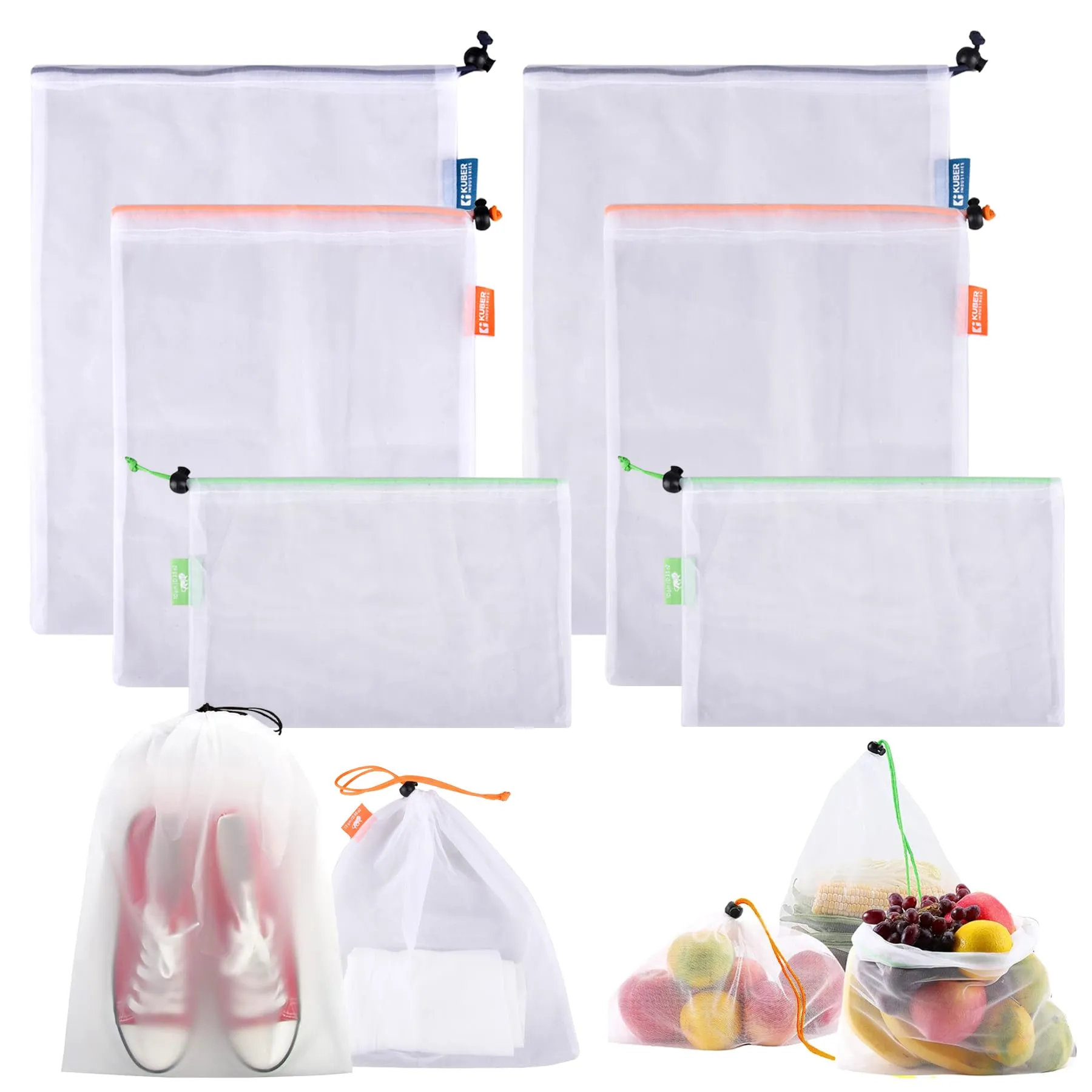 Kuber Industries Mesh Storage Bag | Reusable Mesh Bags | Carry Bags for Fruits-Vegetables-Toys-Groceries | 2 Small-2 Medium-2 Large Travel Storage Bags | 6 Piece Set | White