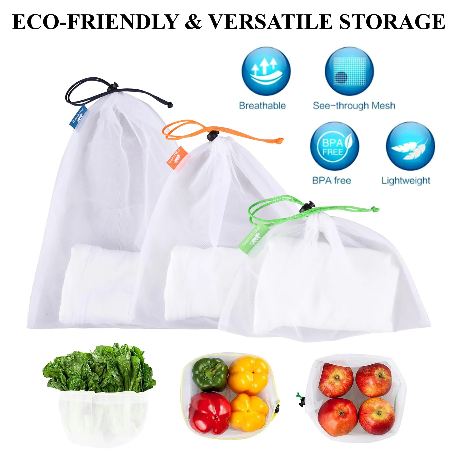 Kuber Industries Mesh Storage Bag | Reusable Mesh Bags | Carry Bags for Fruits-Vegetables-Toys-Groceries | 2 Small-2 Medium-2 Large Travel Storage Bags | 6 Piece Set | White