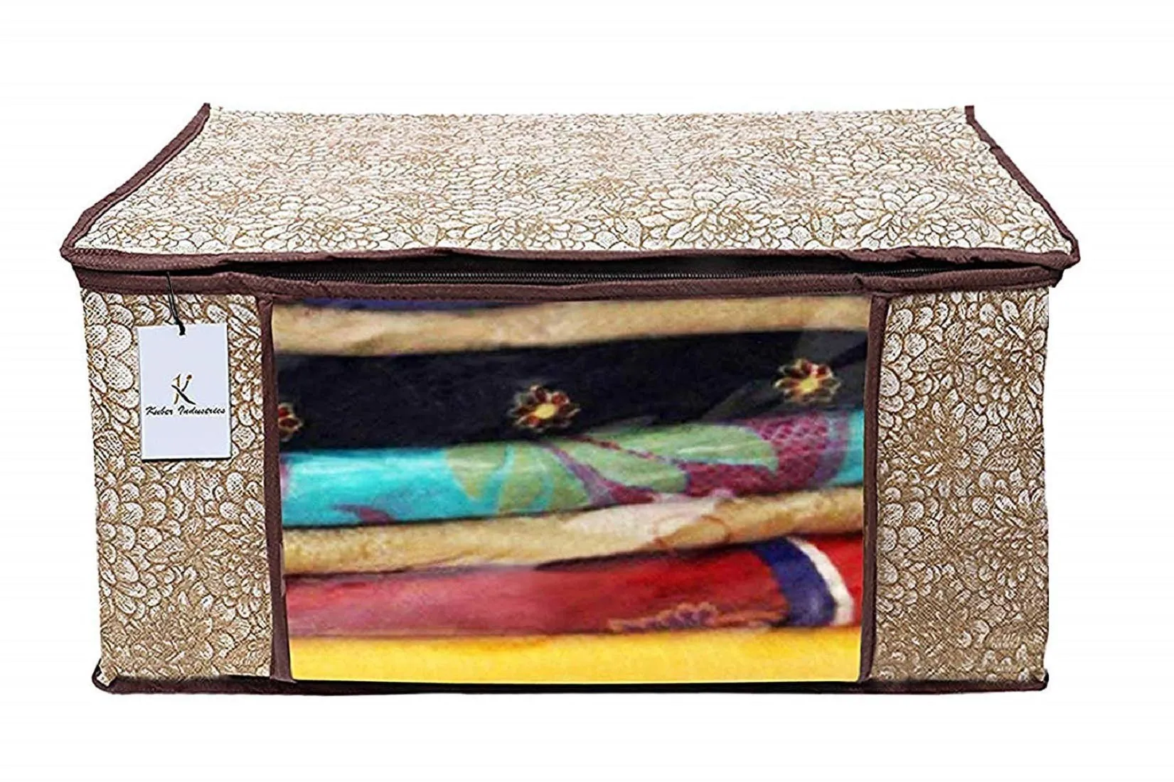 Kuber Industries Non Woven Fabric Saree Cover Set with Transparent Window|Metalic Print & Extra Large|Pack of 3 (Brown & Golden Brown & Ivory Red)