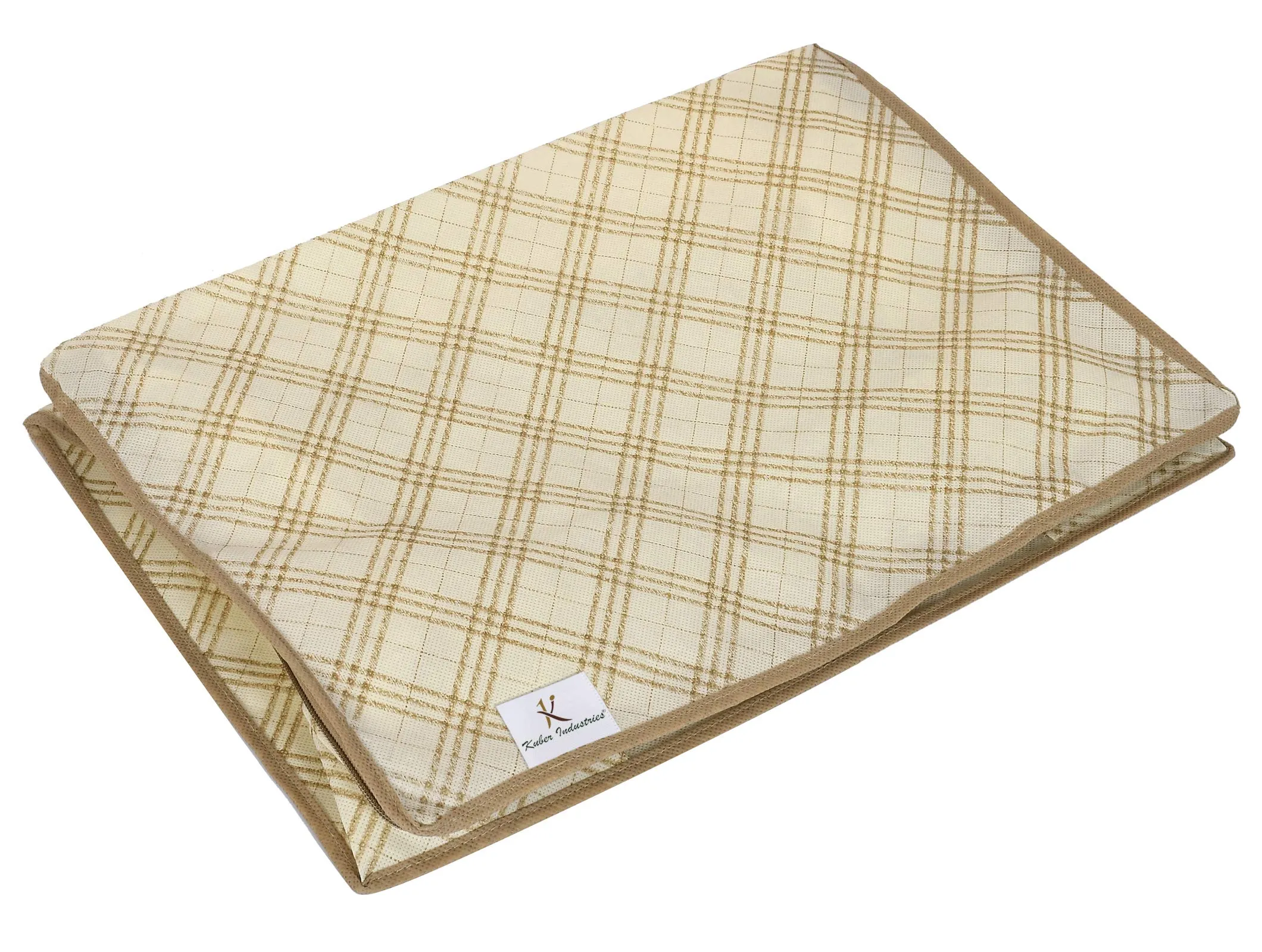 Kuber Industries Non Woven Fabric Saree Cover|Metalic Checkered Print & Transparent Window|Clothes Organiser For Wardrobe|Extra Large, Pack of 2 (Ivory)-KUBMART16501