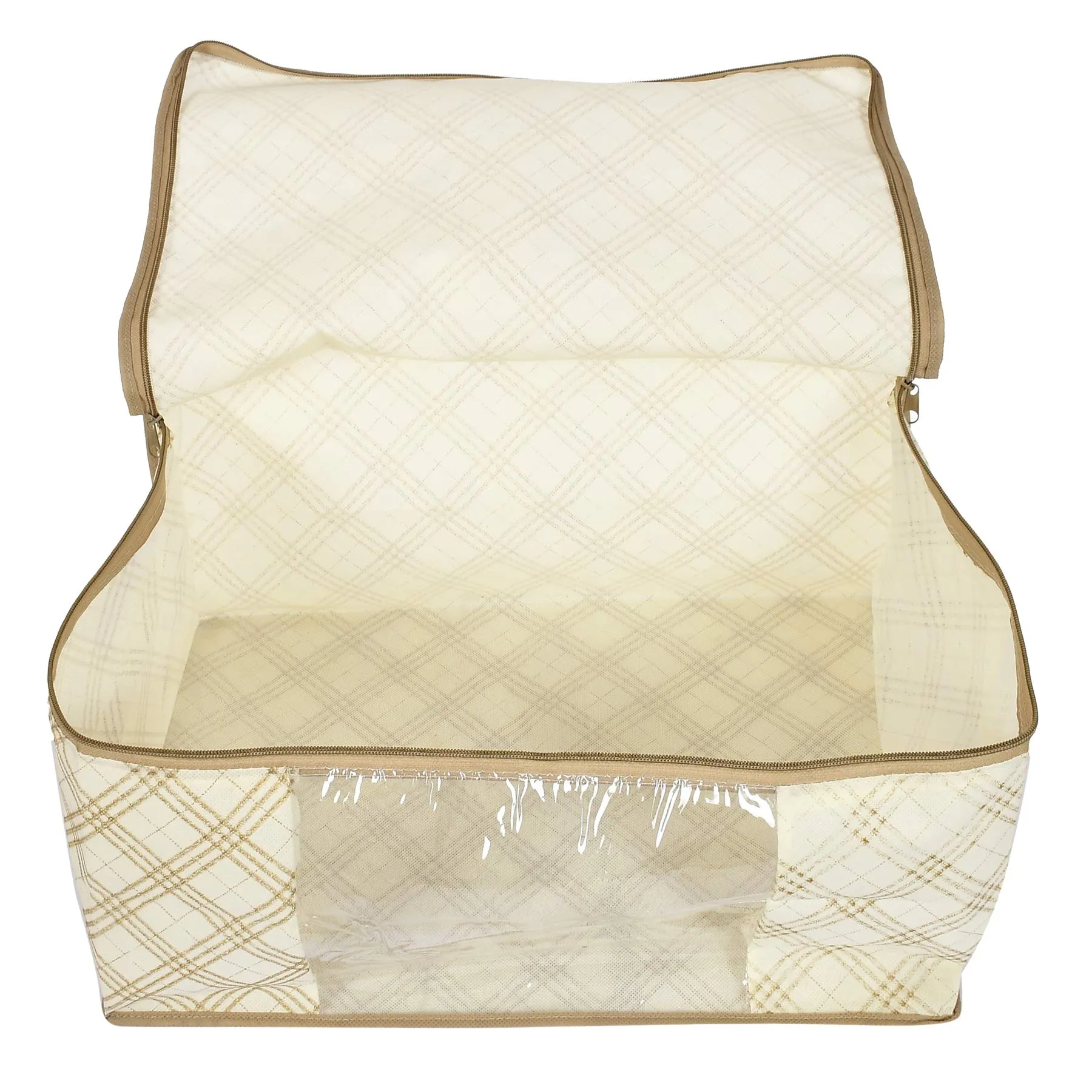 Kuber Industries Non Woven Fabric Saree Cover|Metalic Checkered Print & Transparent Window|Clothes Organiser For Wardrobe|Extra Large, Pack of 2 (Ivory)-KUBMART16501