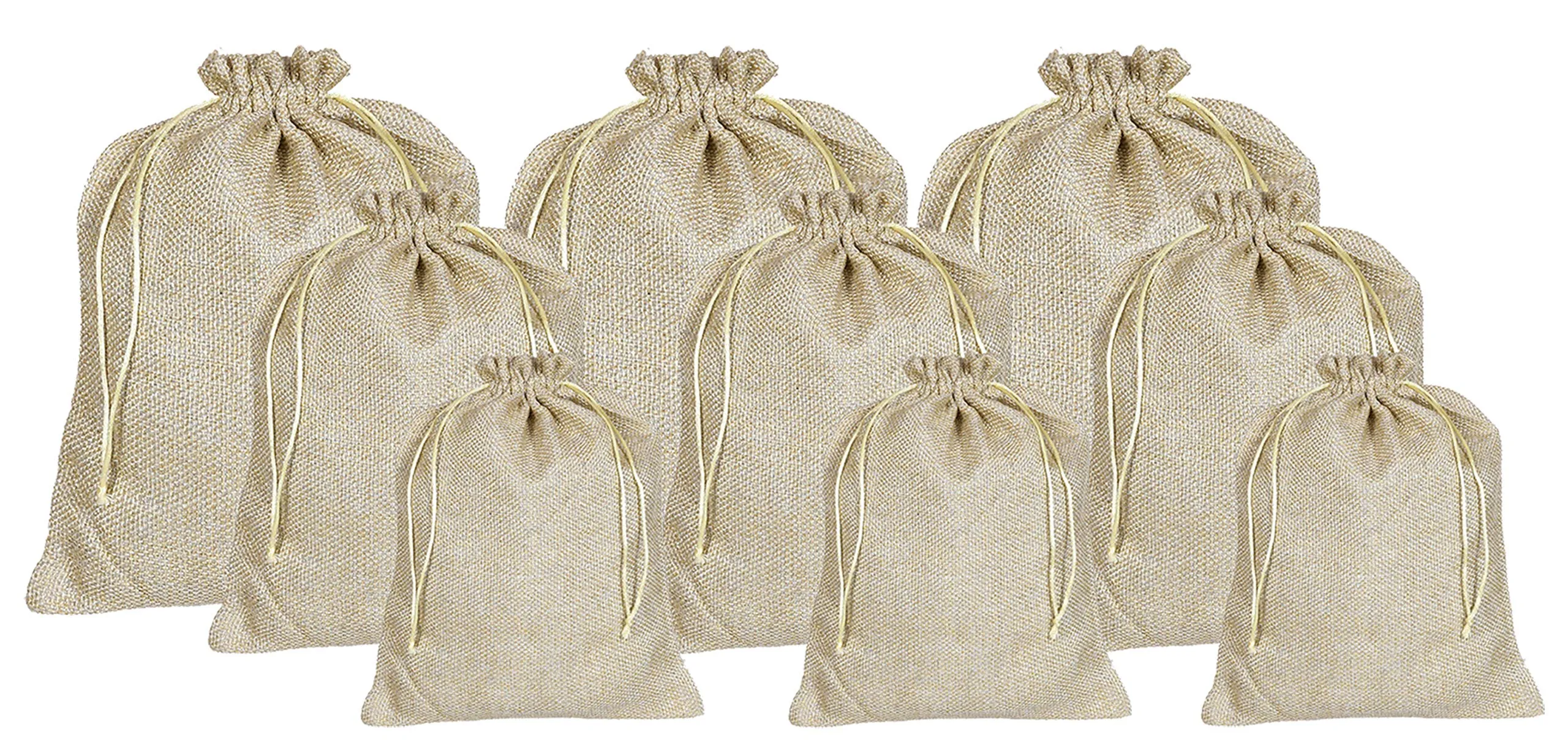 Kuber Industries Potli Gift Bags Wedding Hessian Jute Bags Linen Jewelry Pouches with Drawstring for Birthday, Party, Wedding Favors,Small,Medium,Large-Set of 9 (Gold)