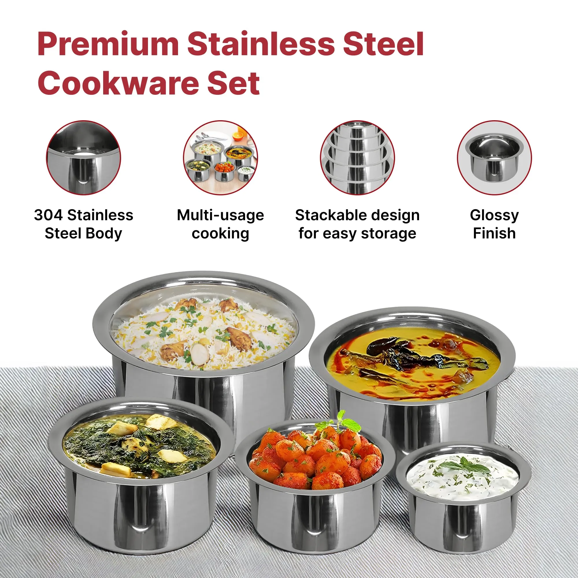 Kuber Industries Set of 5 Stainless Steel Tope Set/Vessels for Cooking | Induction Safe, Heavy Duty Gauge Boiling & Cooking Patila/Topiya/Bhagona Steel Utensils for Kitchen | Silver