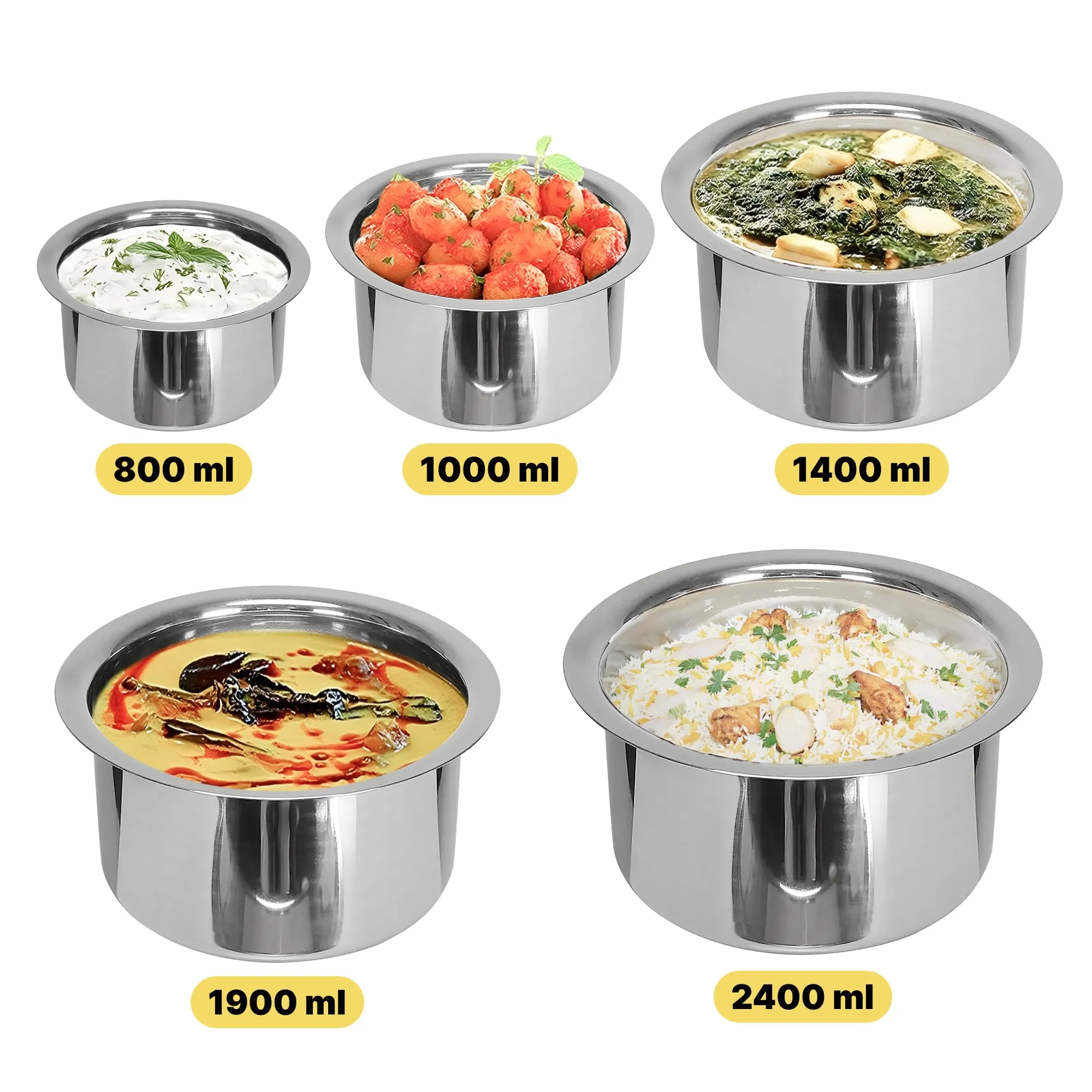 Kuber Industries Set of 5 Stainless Steel Tope Set/Vessels for Cooking | Induction Safe, Heavy Duty Gauge Boiling & Cooking Patila/Topiya/Bhagona Steel Utensils for Kitchen | Silver