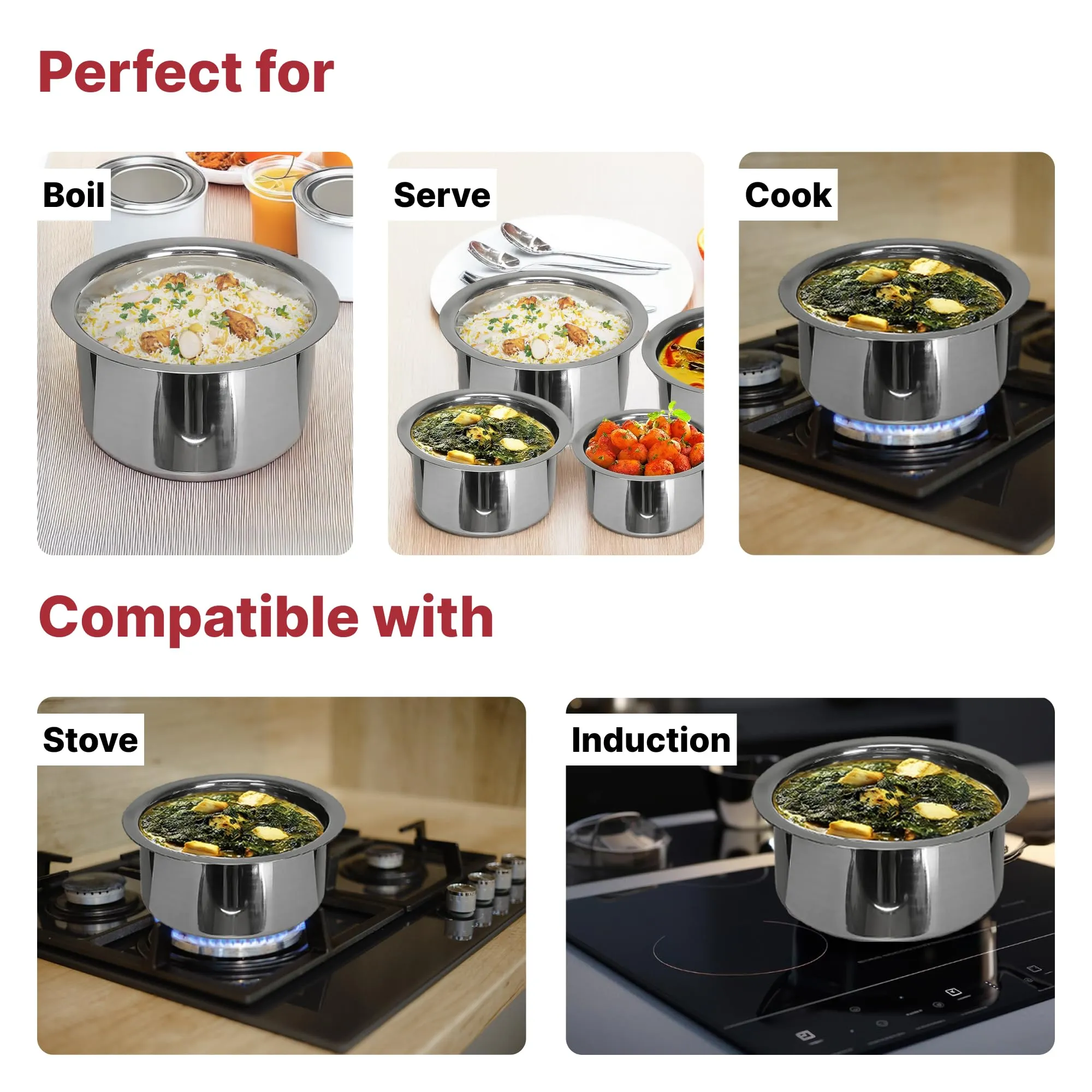 Kuber Industries Set of 5 Stainless Steel Tope Set/Vessels for Cooking | Induction Safe, Heavy Duty Gauge Boiling & Cooking Patila/Topiya/Bhagona Steel Utensils for Kitchen | Silver