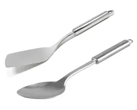 Kuber Industries Stainless Steel Kitchen Utensil, Cookware Set, Kitchen Tool- Set of 2 (Slotted Turner & Spatula) (Silver)