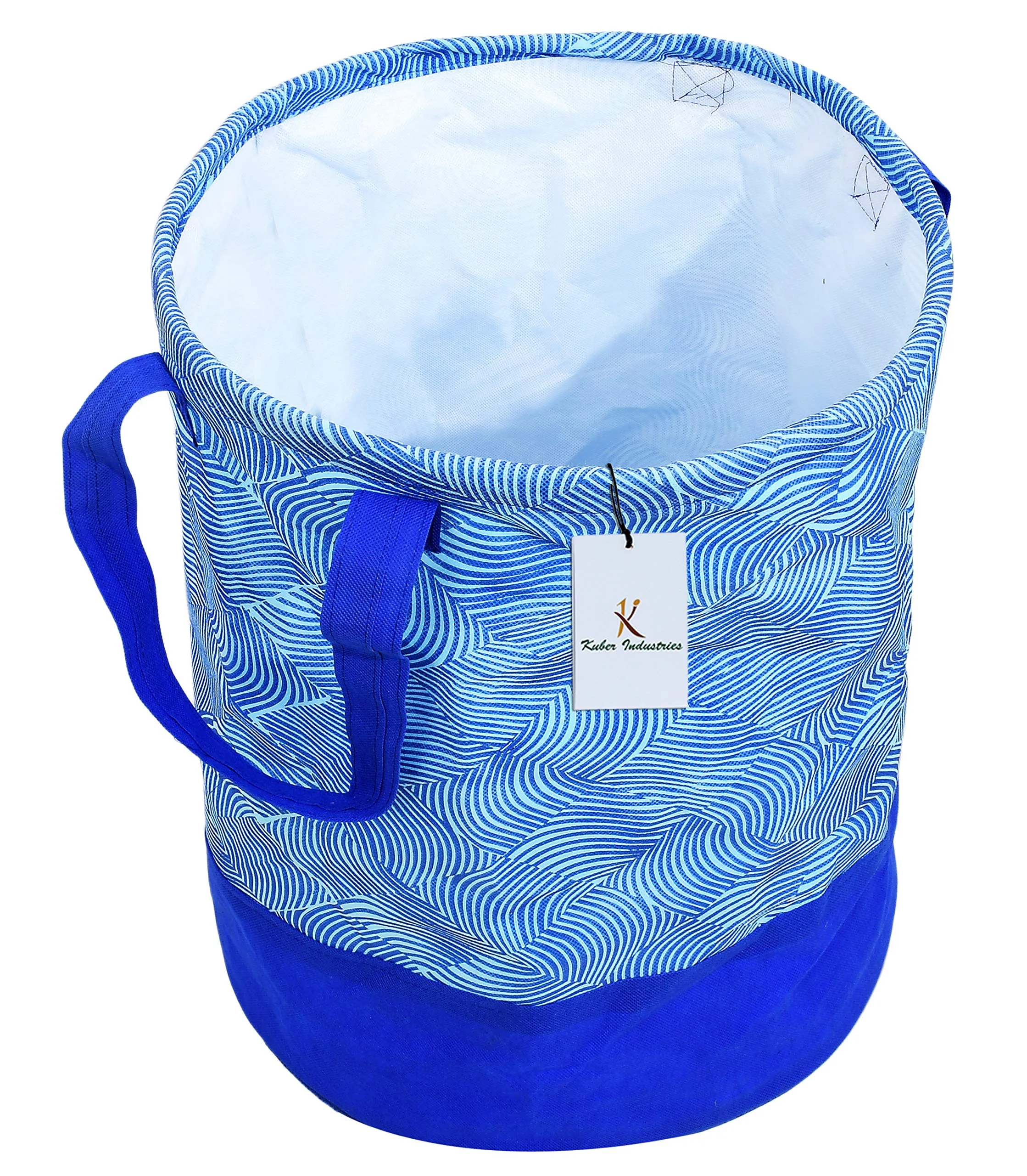 Kuber Industries Waterproof Round Canvas Laundry Bag/Hamper|Metalic Lahriya Print With Handles|Foldable Bin & 45 Liter Capicity|Size 37 x 37 x 49, Pack of 1 (Blue) CTKTC034624